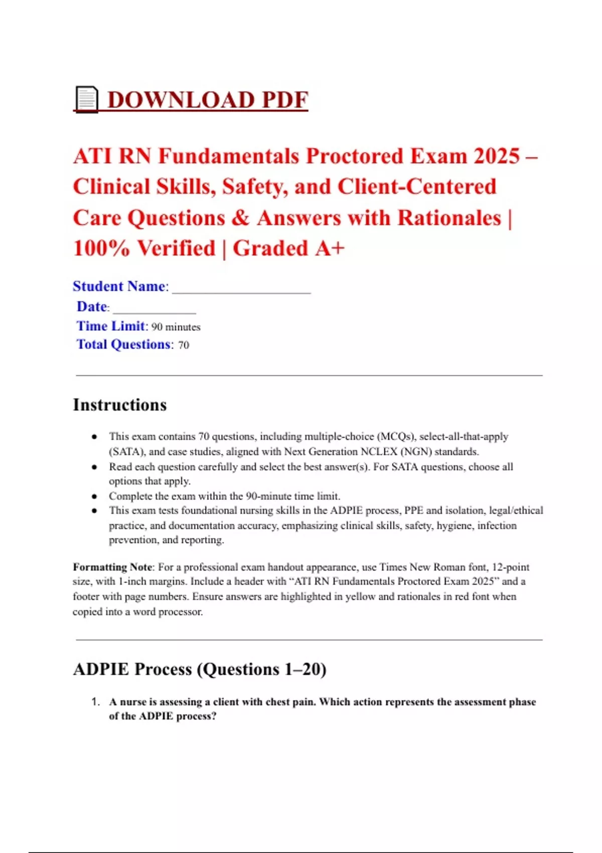 ATI RN Fundamentals Proctored Exam 2025 – Clinical Skills, Safety, and ...