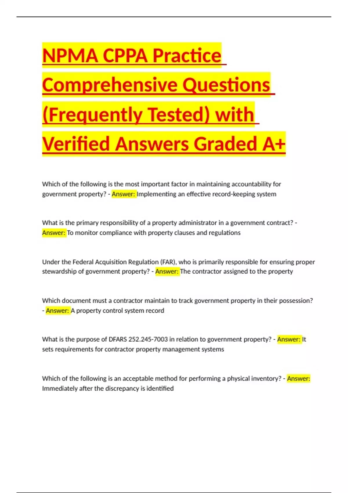 NPMA CPPA Practice Comprehensive Questions (Frequently Tested) with ...