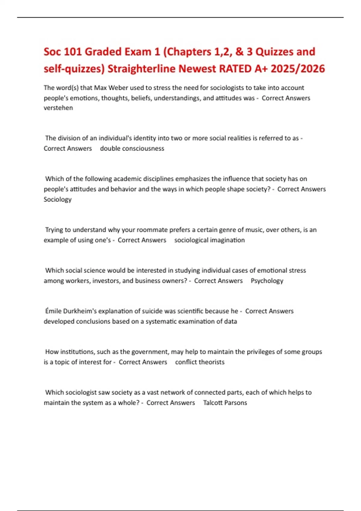 Soc 101 Graded Exam 1 (Chapters 1,2, & 3 Quizzes and self-quizzes ...