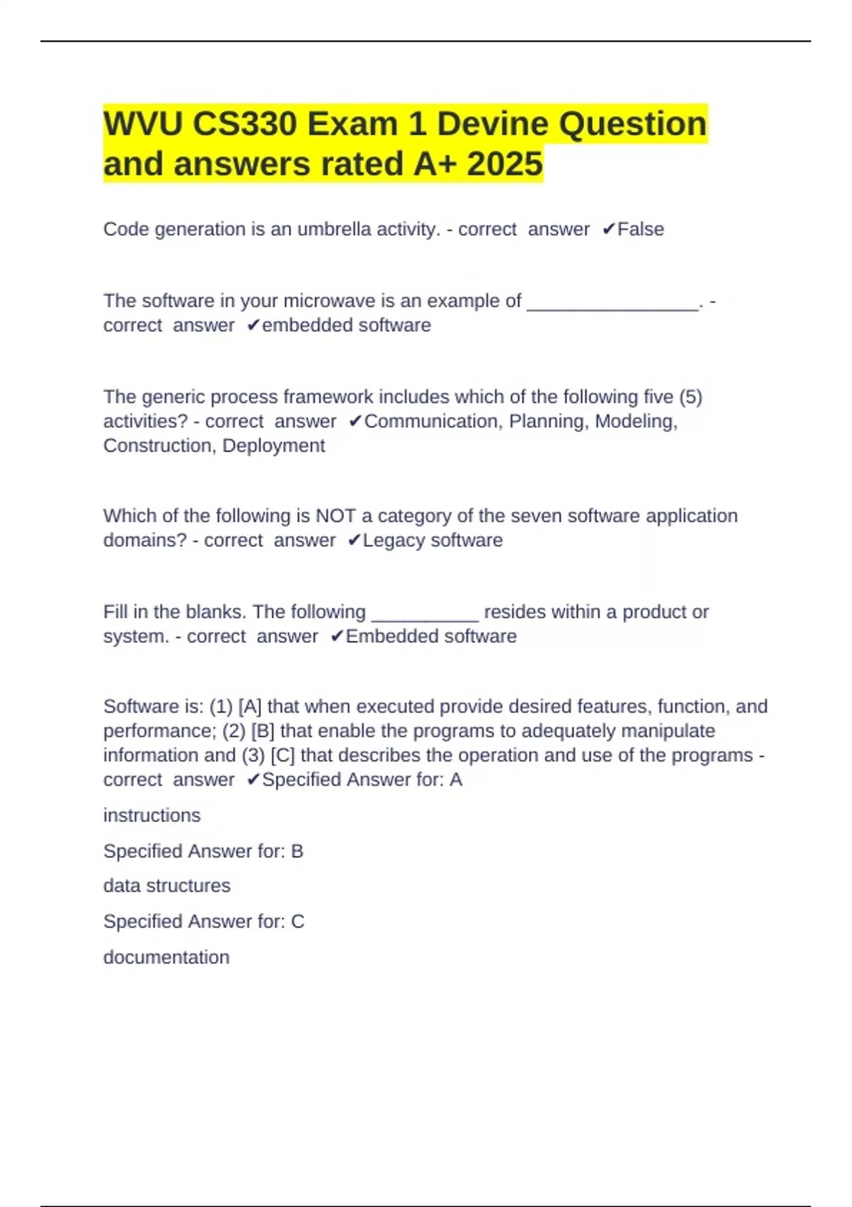 WVU CS330 Exam 1 Devine Question and answers rated A+ 2025 - WVU CS330 ...
