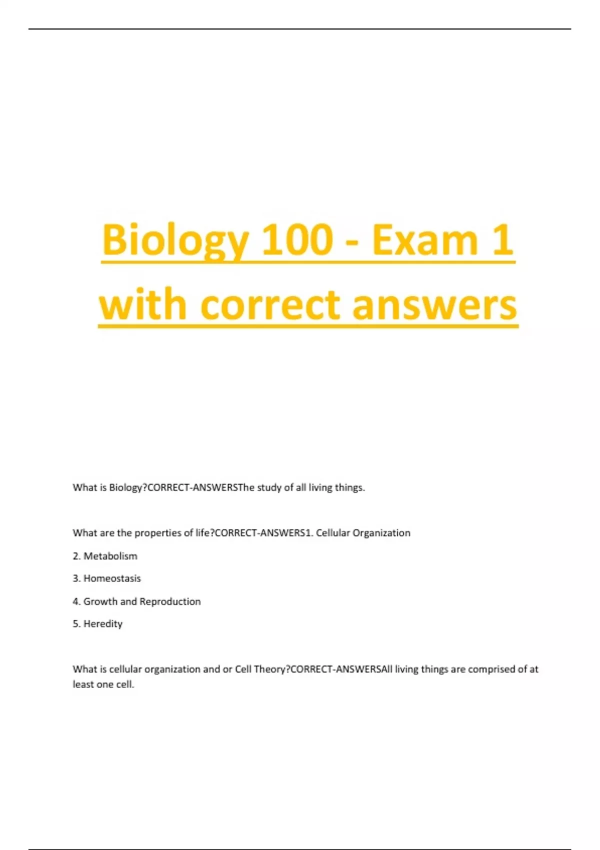 Biology 100 Exam 1 Test Bank PDF – Intro to Life, Cells, DNA, and ...