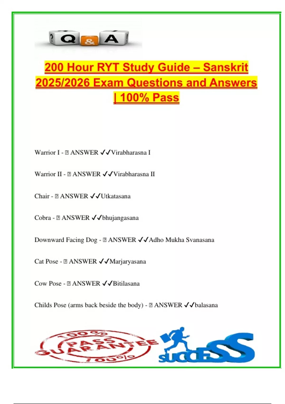 200 Hour Yoga Teacher Training (RYT) Sanskrit Study Guide | 2025/2026 | 135 Verified Exam ...