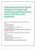 California Behavioral Health Technician  Certification Exam Questions And  Correct Answers &lpar;Verified Answers&rpar; Plus  Rationales 2025 Q&A &vert; Instant  Download Pdf