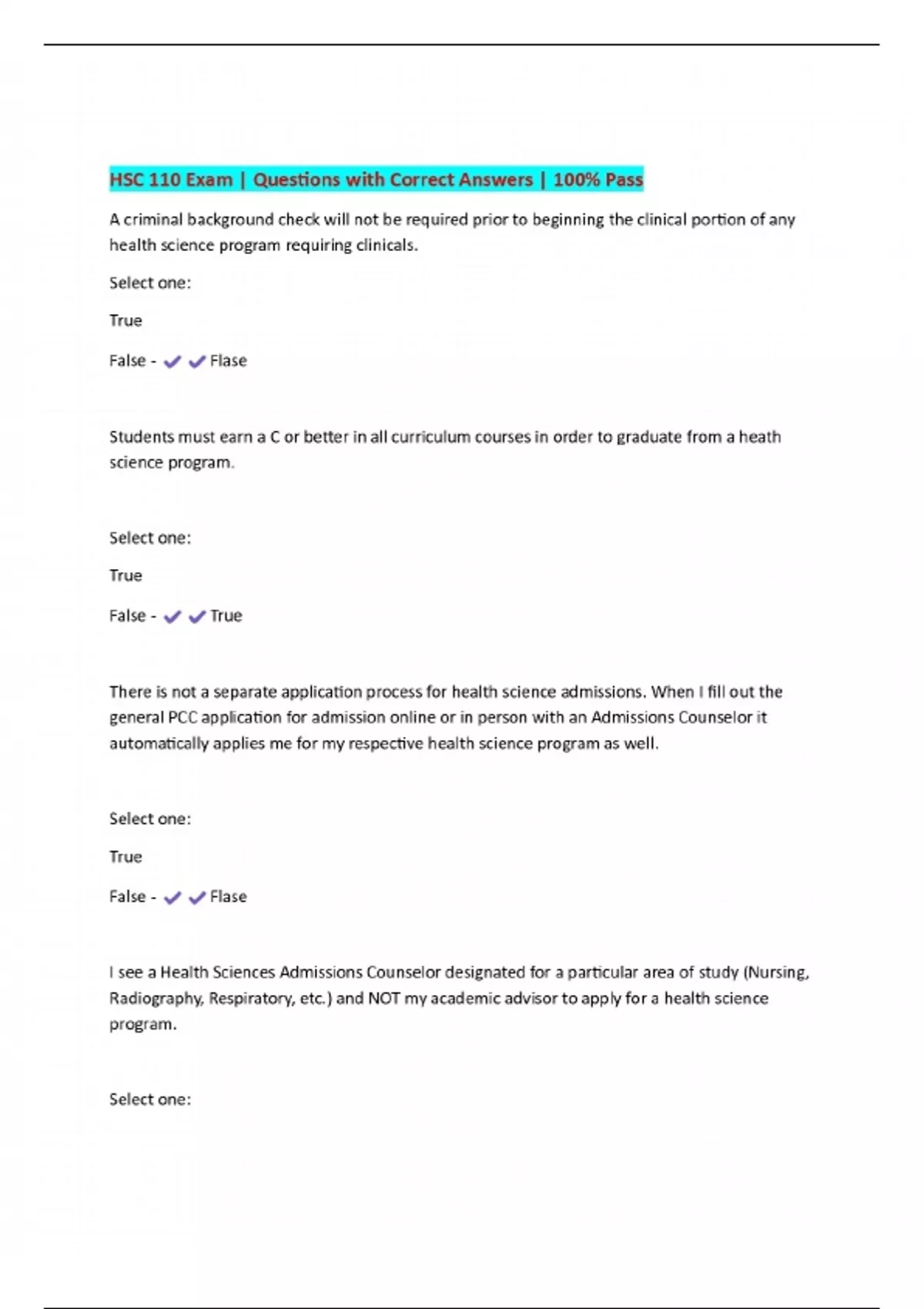 HSC 110 Exam | Questions with Correct Answers | 100% Pass - HSC 110 ...