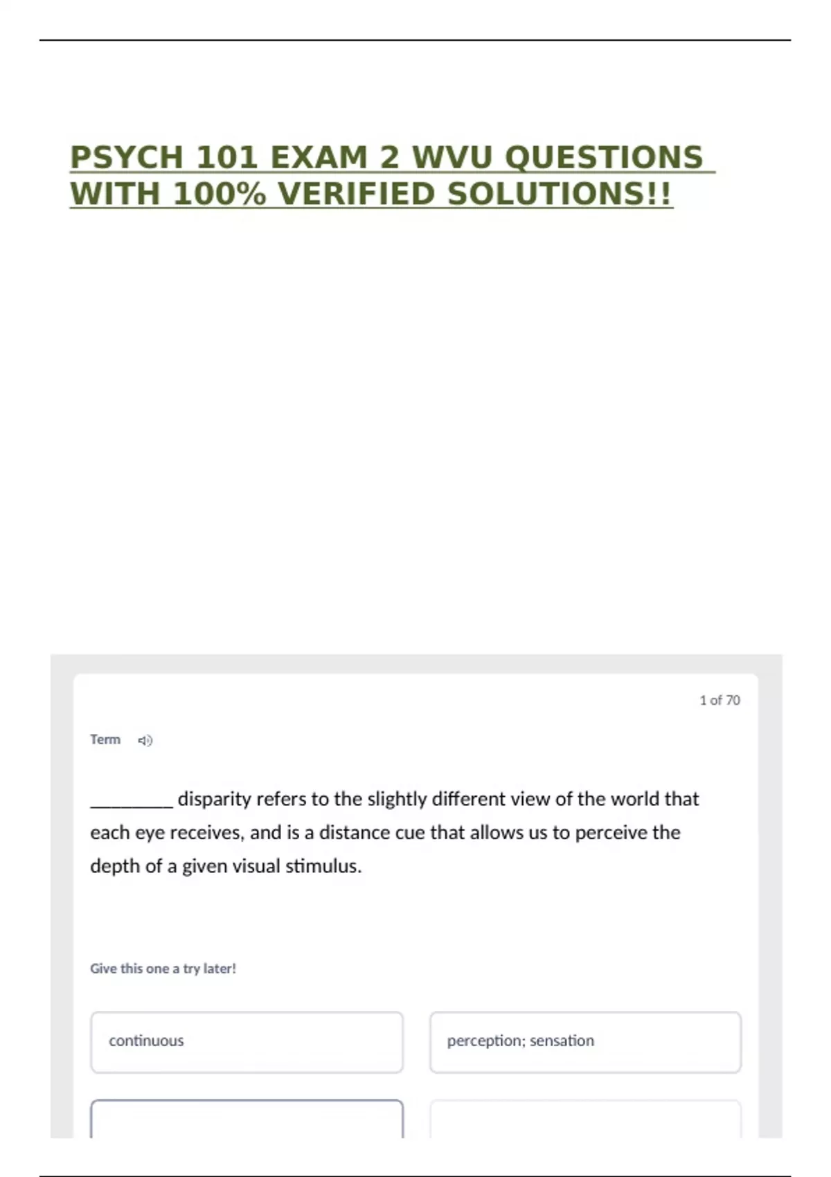 PSYCH 101 EXAM 2 WVU QUESTIONS WITH 100% VERIFIED SOLUTIONS!! - PSYCH ...