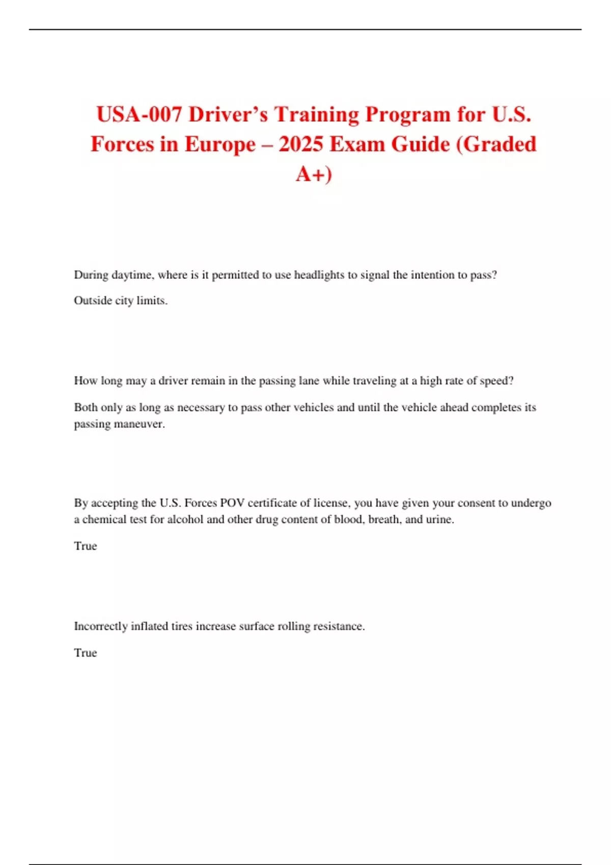 USA-007 Driver’s Training Program for U.S. Forces in Europe – 2025 Exam ...