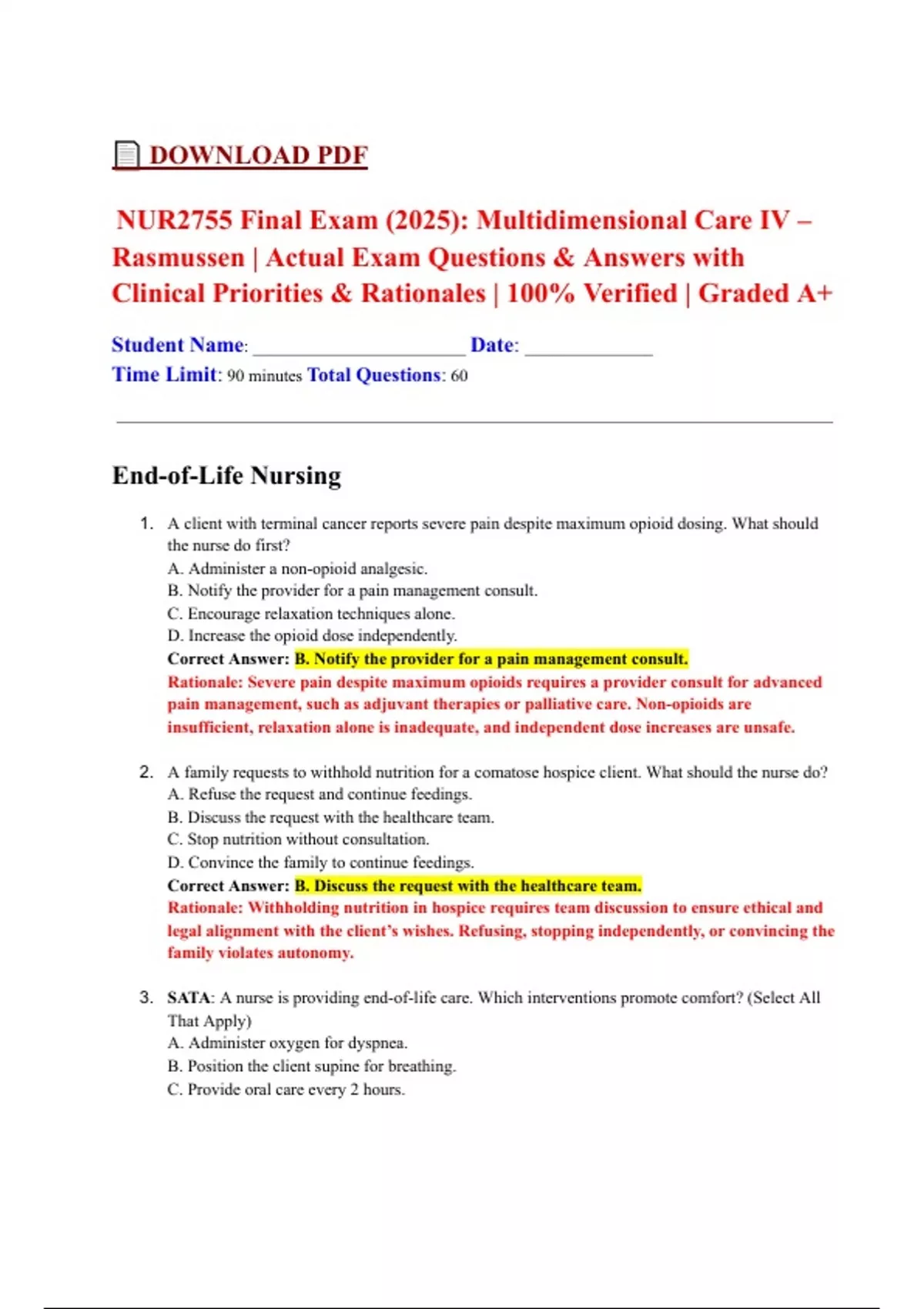 NUR2755 Final Exam (2025): Multidimensional Care IV – Rasmussen ...