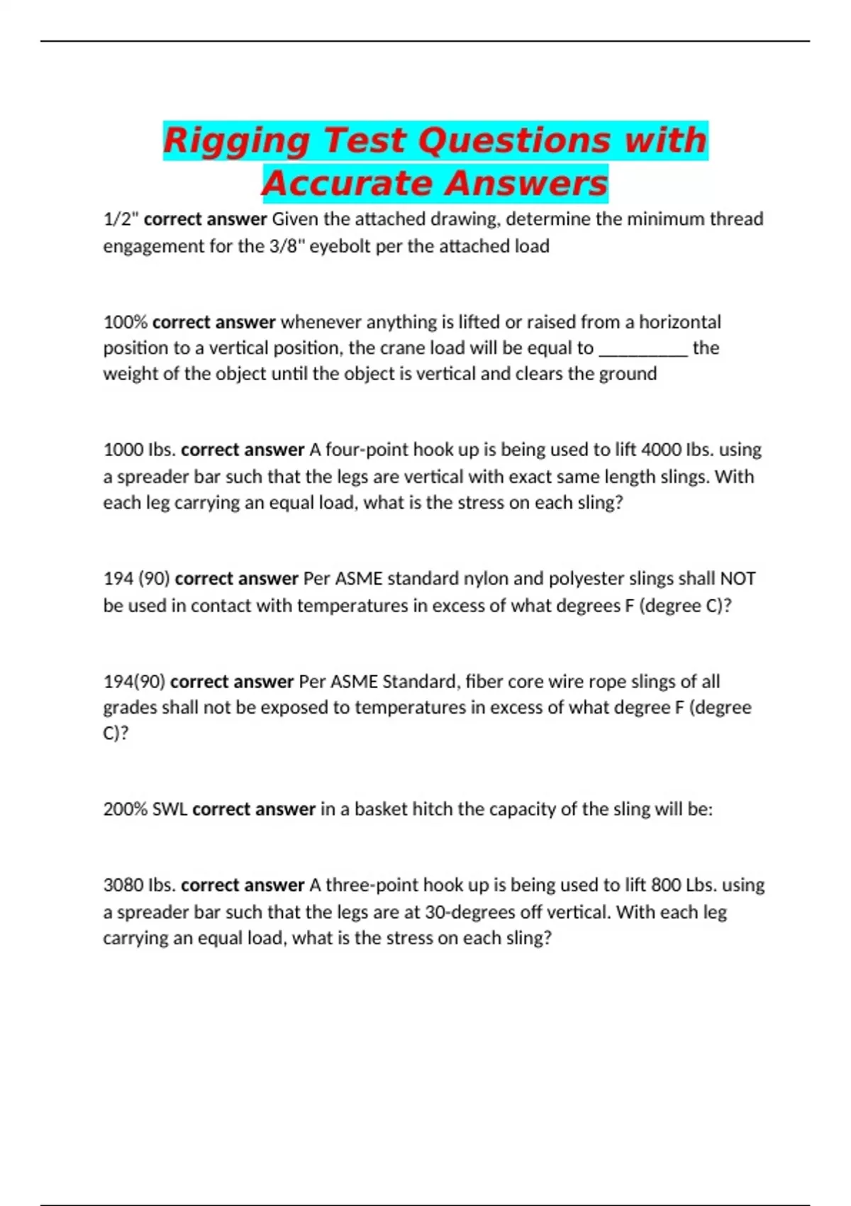 Rigging Test Questions with Accurate Answers - Rigging - Stuvia US