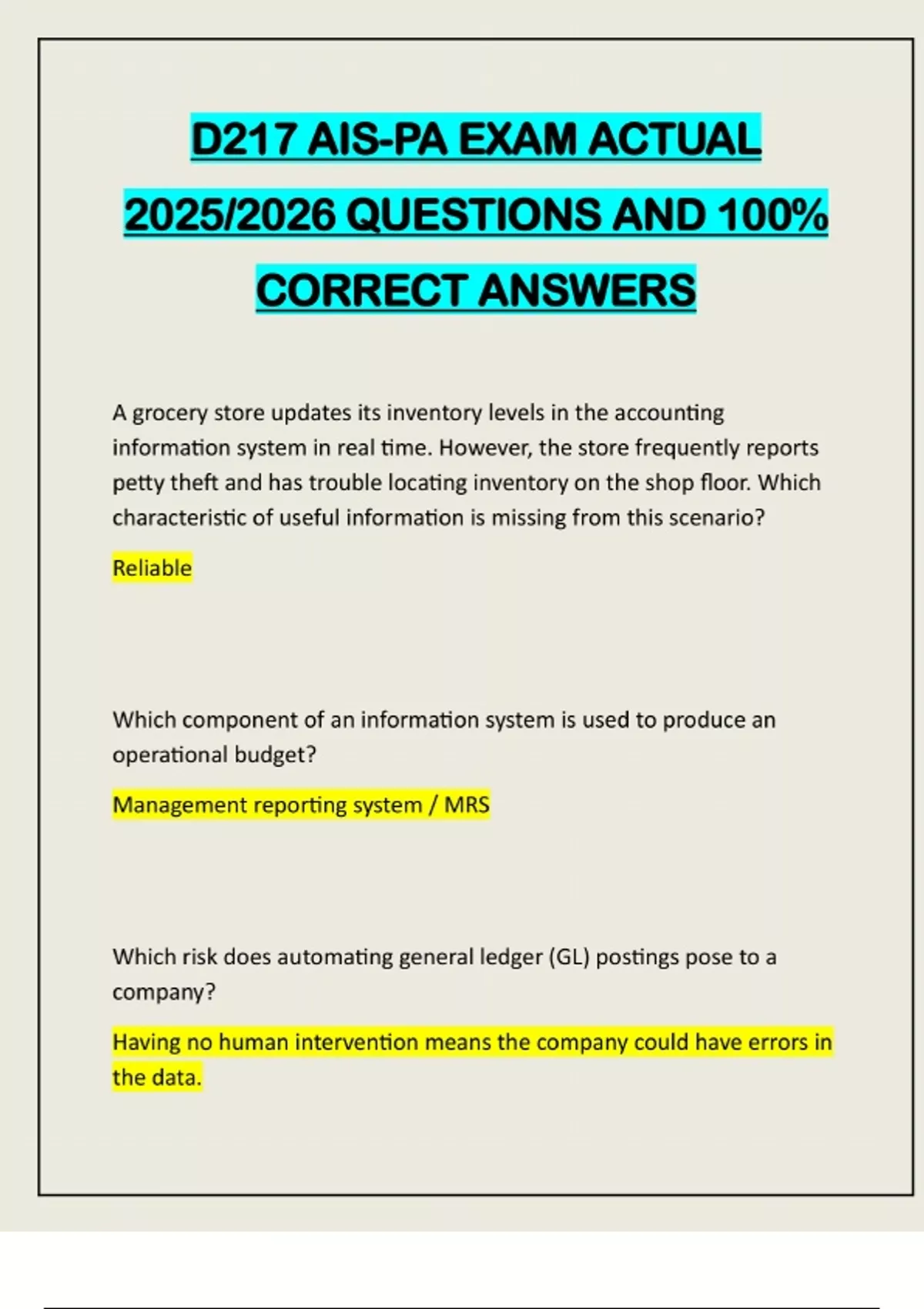 D217 AIS-PA EXAM ACTUAL 2025/2026 QUESTIONS AND 100% CORRECT ANSWERS ...