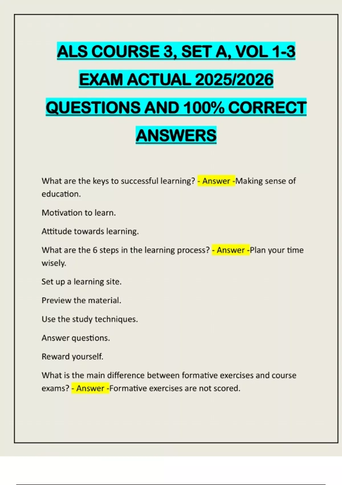 ALS COURSE 3, SET A, VOL 1-3 EXAM ACTUAL 2025/2026 QUESTIONS AND 100% ...