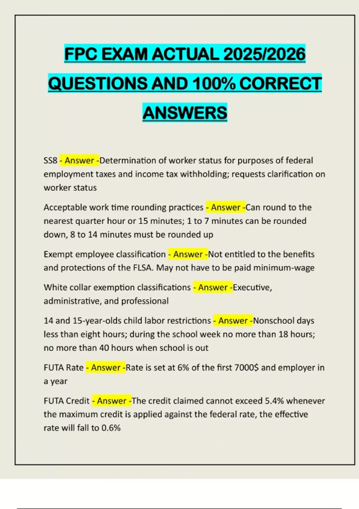 FPC EXAM ACTUAL 2025/2026 QUESTIONS AND 100% CORRECT ANSWERS - Payroll ...