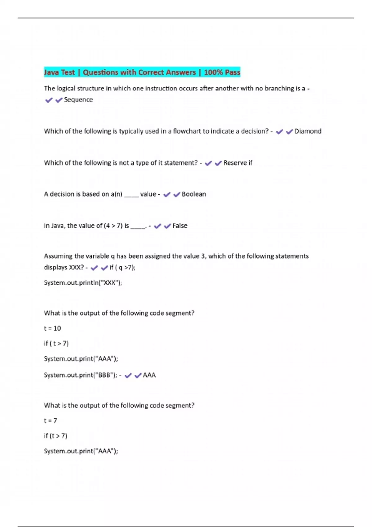 Java Test | Questions with Correct Answers | 100% Pass - JAVA - Stuvia US