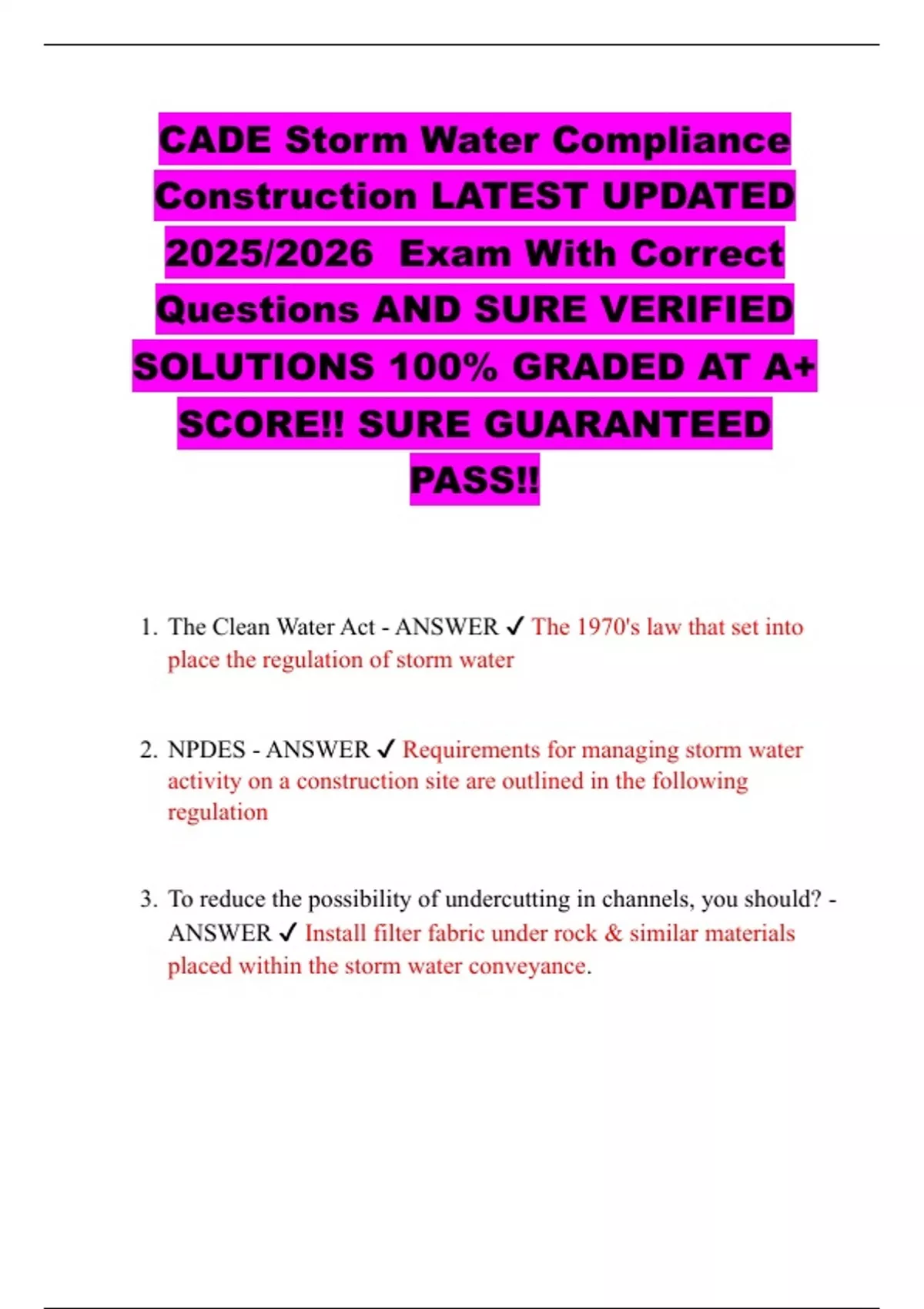 CADE Storm Water Compliance Construction LATEST UPDATED 2025/2026 Exam ...