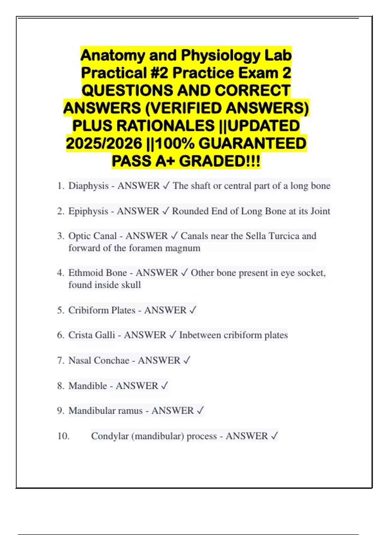 Anatomy and Physiology Lab Practical #2 Practice Exam 2 QUESTIONS AND ...