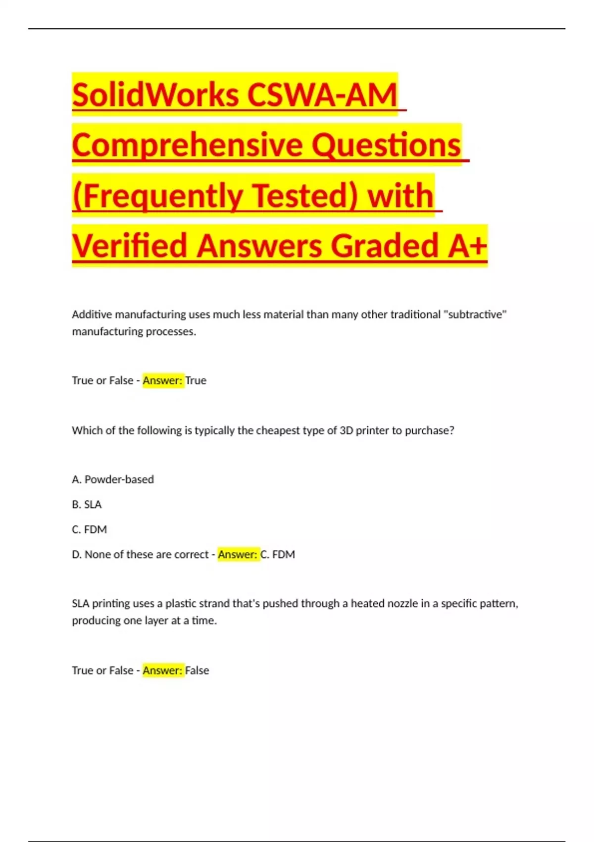 Solidworks Questions Example SolidWorks CSWA-AM Comprehensive Questions (Frequently Tested) with ...