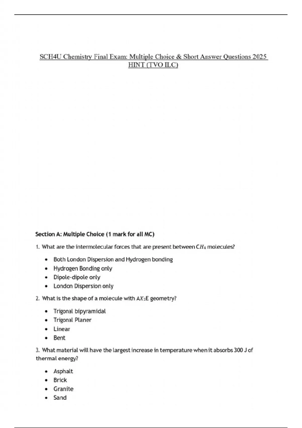 SCH4U Chemistry Final Exam: Multiple Choice & Short Answer Questions ...