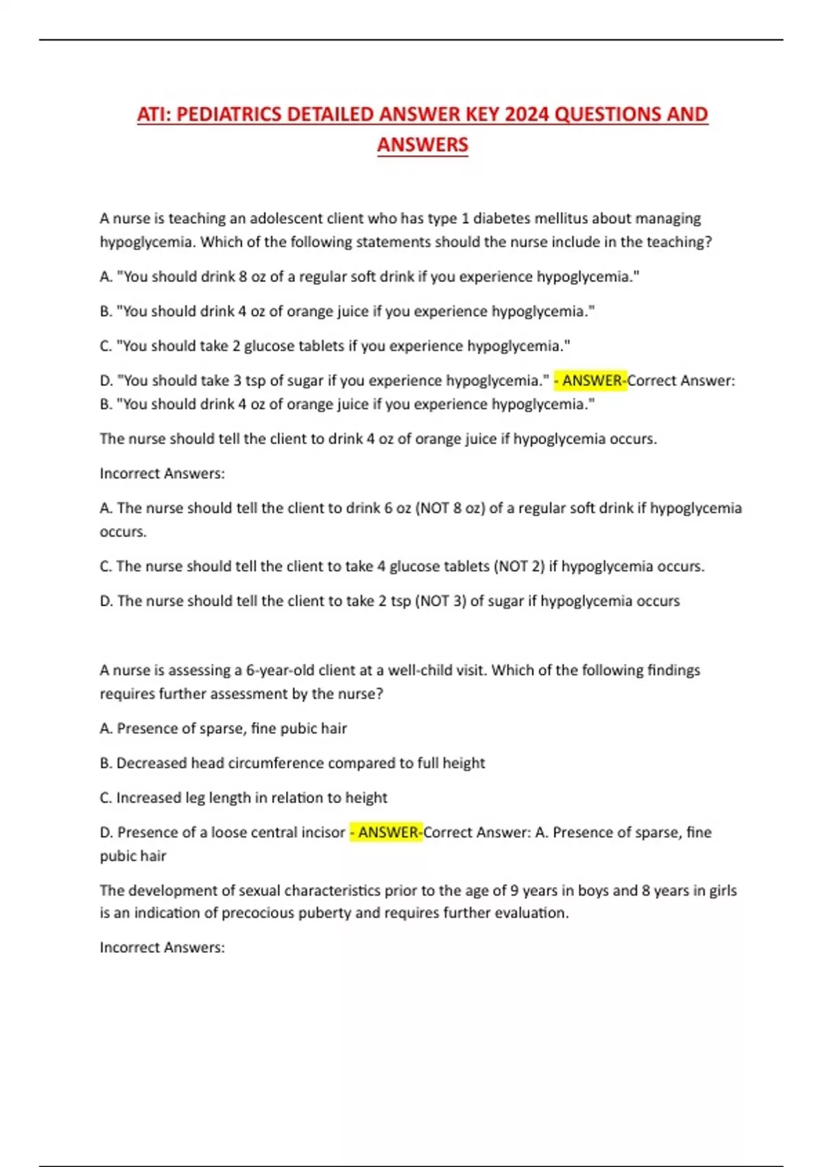 ATI: PEDIATRICS DETAILED ANSWER KEY 2024 QUESTIONS AND ANSWERS - ATI ...