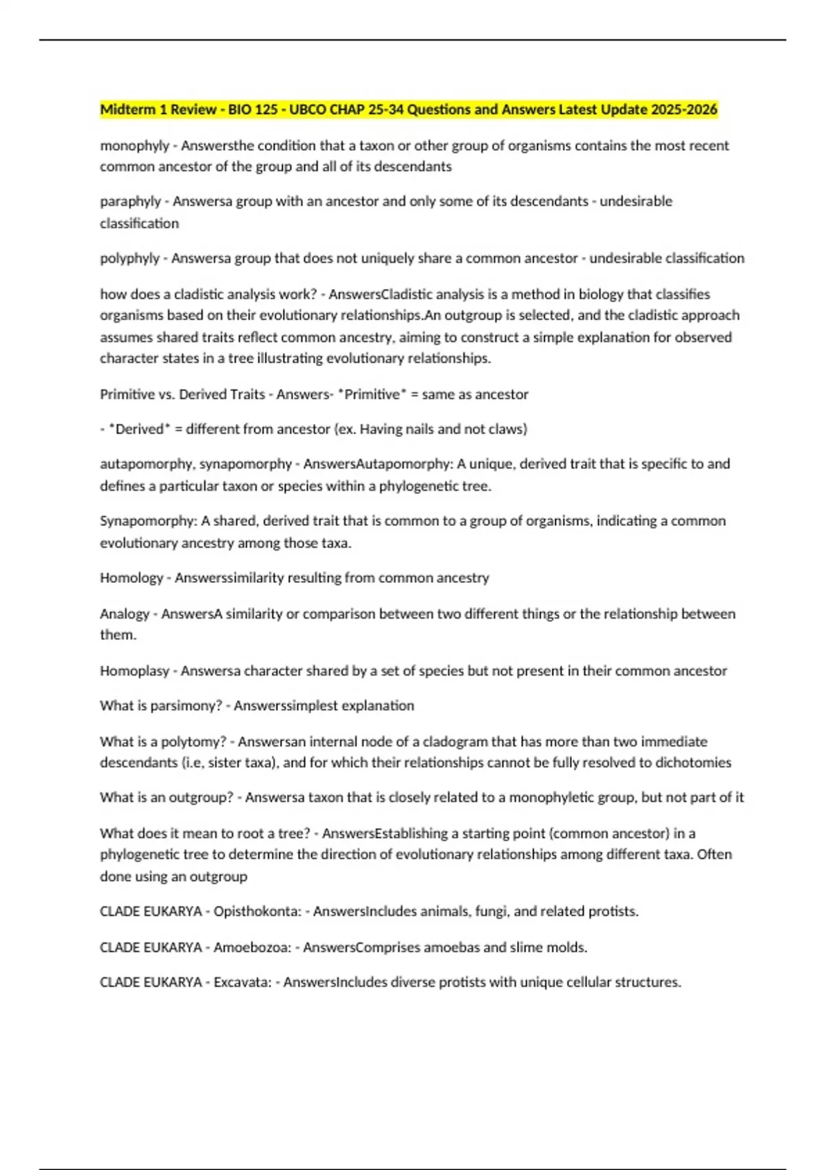Midterm 1 Review - BIO 125 - UBCO CHAP 25-34 Questions and Answers ...