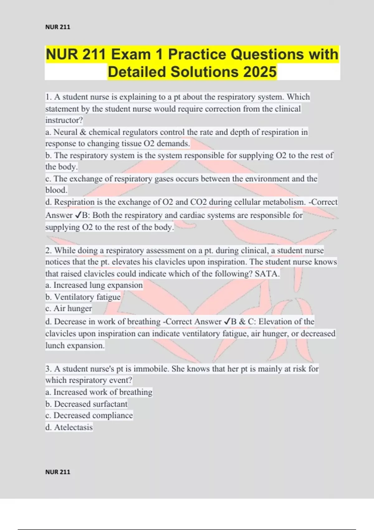 NUR 211 Exam 1 Practice Questions with Detailed Solutions 2025 - NUR ...