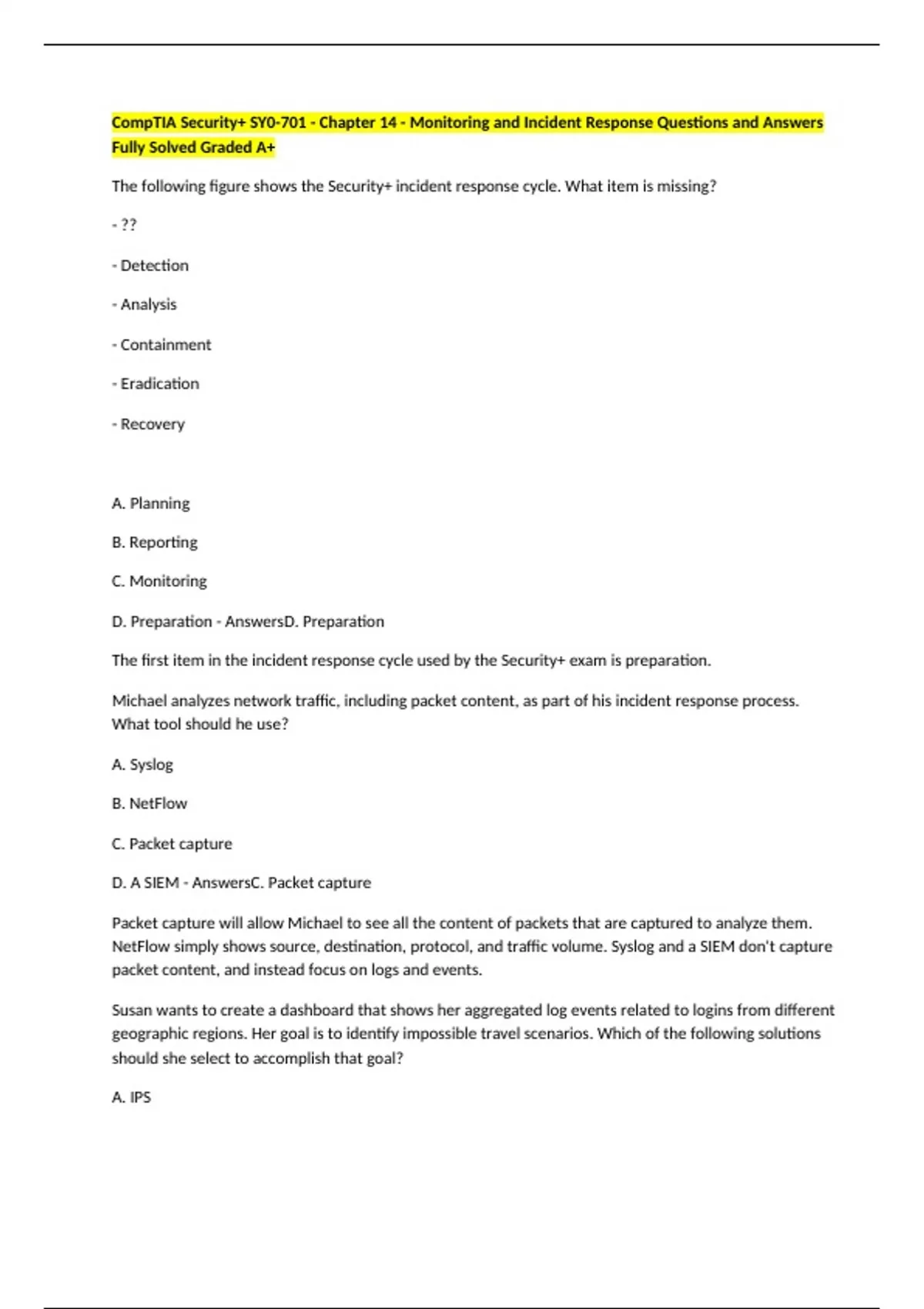 CompTIA Security+ SY0-701 - Chapter 14 - Monitoring and Incident ...
