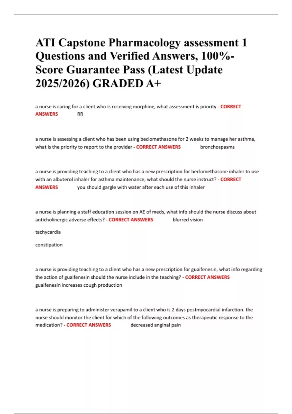 Summary Capstone ATI NCLEX Medical Surgical Assessment 1 Questions and ...