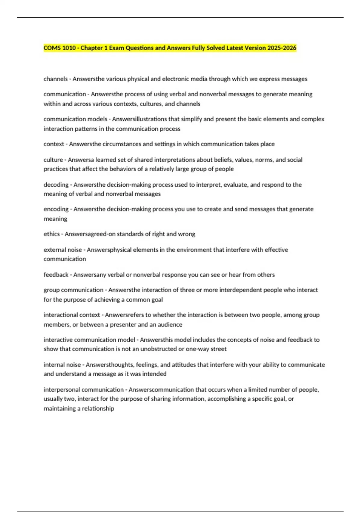 COMS 1010 - Chapter 1 Exam Questions and Answers Fully Solved Latest ...