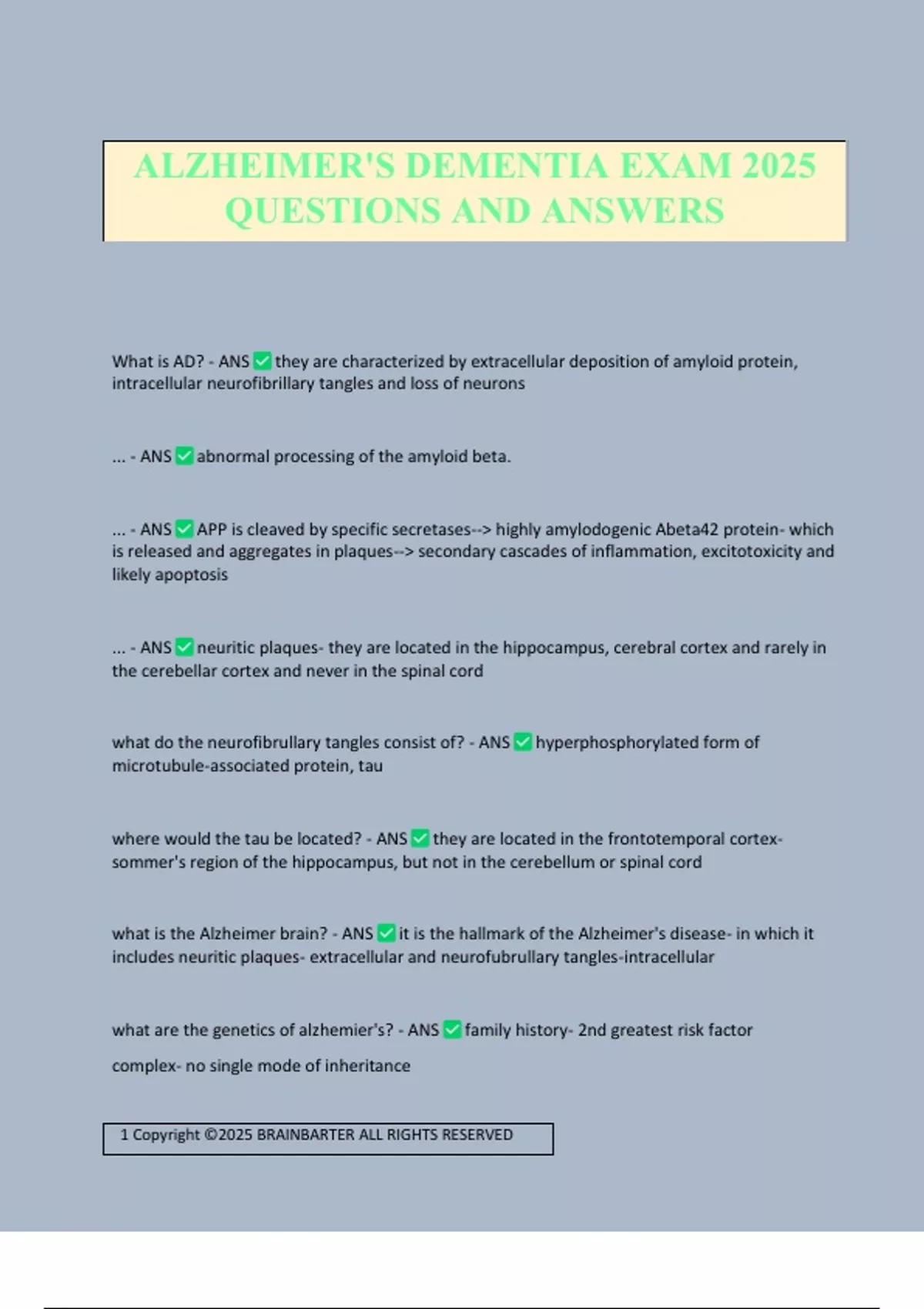 ALZHEIMER'S DEMENTIA EXAM 2025 QUESTIONS AND ANSWERS - ALZHEIMER\\\'S ...