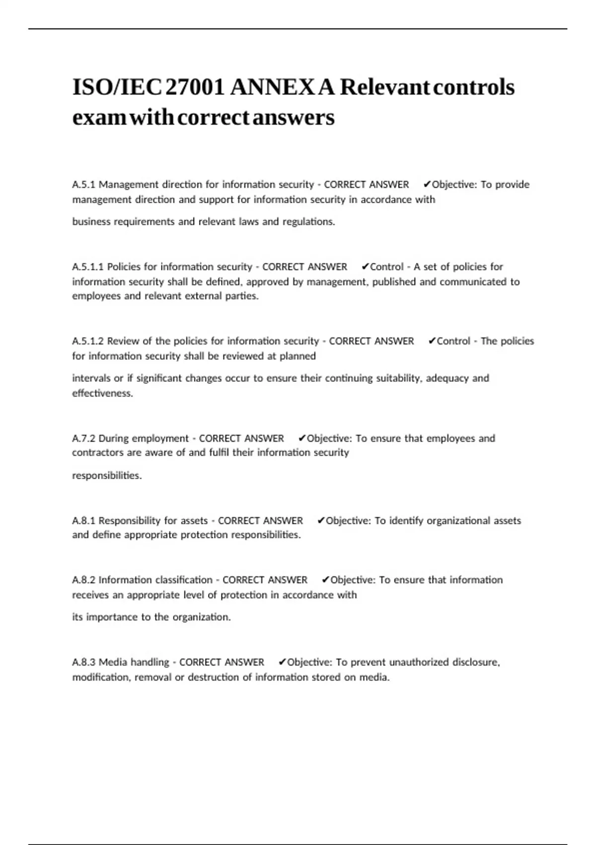 ISO IEC 27001 ANNEX A Relevant controls exam with correct answers ...
