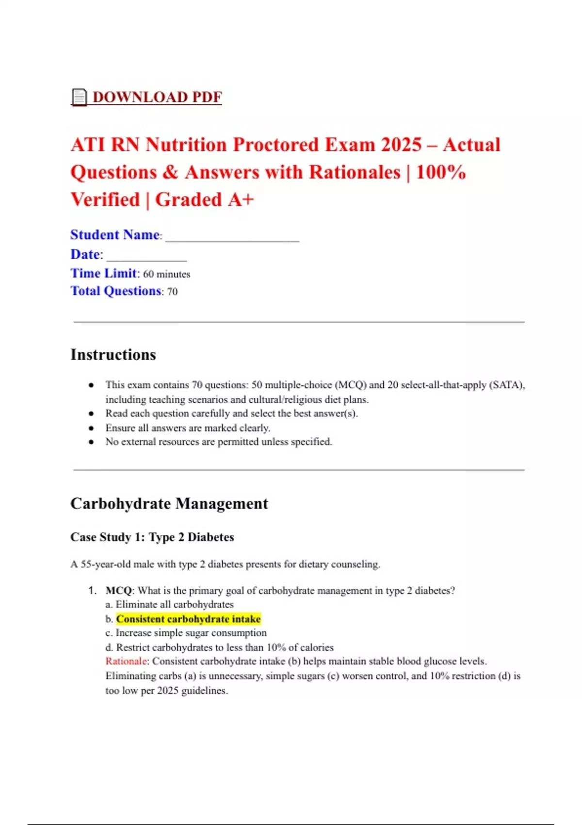 ATI RN Nutrition Proctored Exam 2025 – Actual Questions & Answers with ...