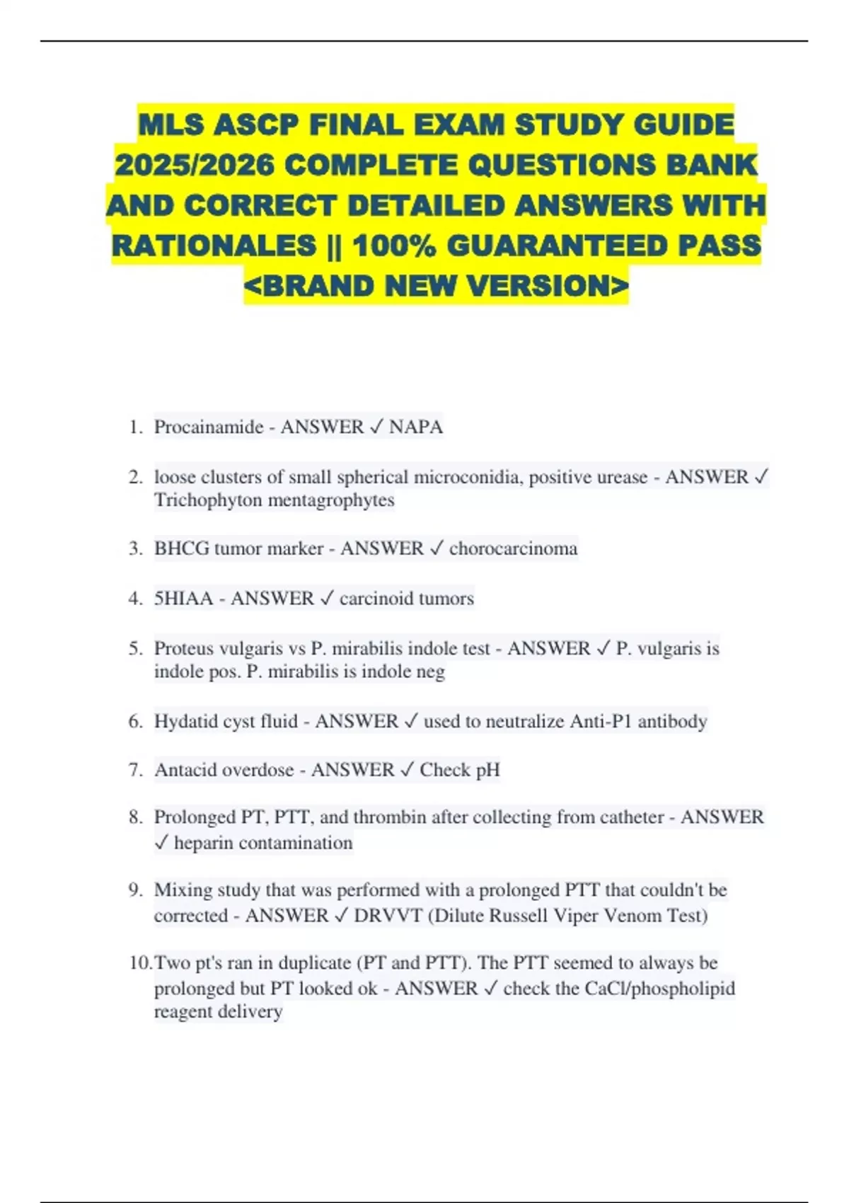 Mls Study Guide MLS ASCP FINAL EXAM STUDY GUIDE 2025/2026 COMPLETE QUESTIONS BANK AND ...