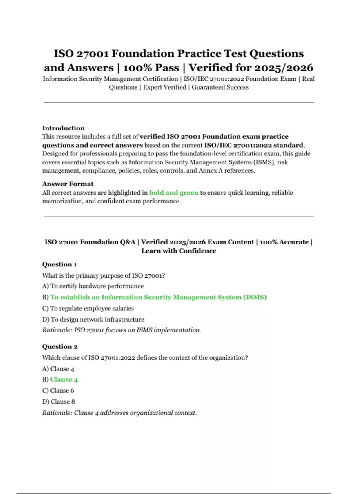 ISO 27001 Foundation Practice Test Questions and Answers | Verified for ...