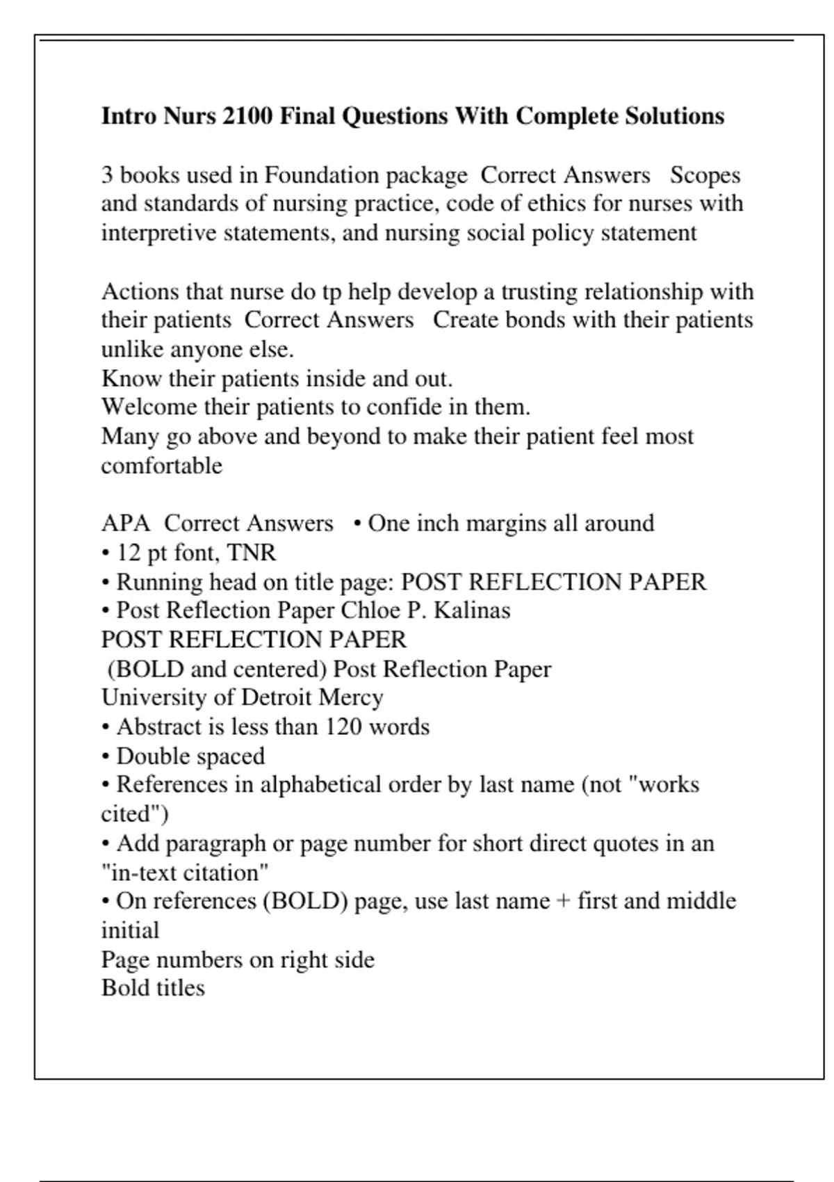 Intro Nurs 2100 Final Questions With Complete Solutions - Nurs 2100 ...