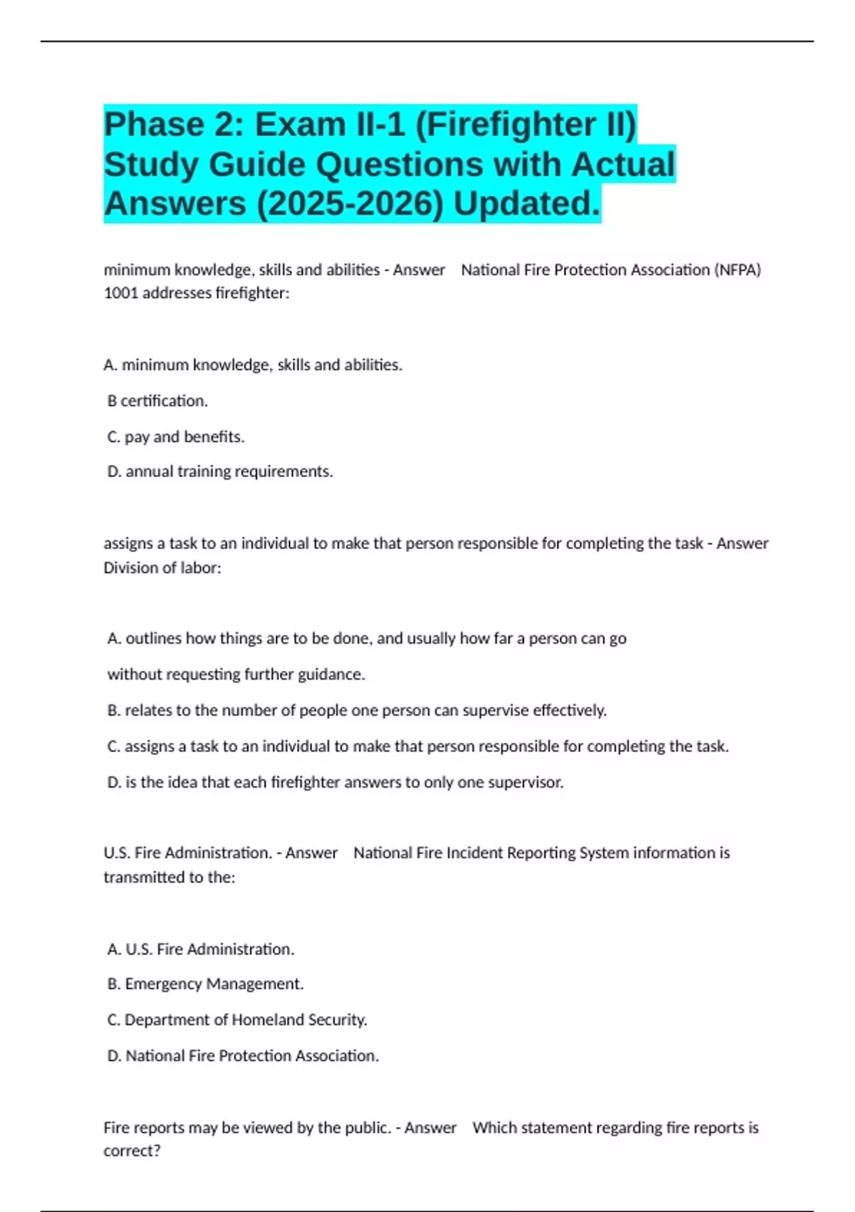 Phase 2: Exam II-1 (Firefighter II) Study Guide Questions with Actual ...