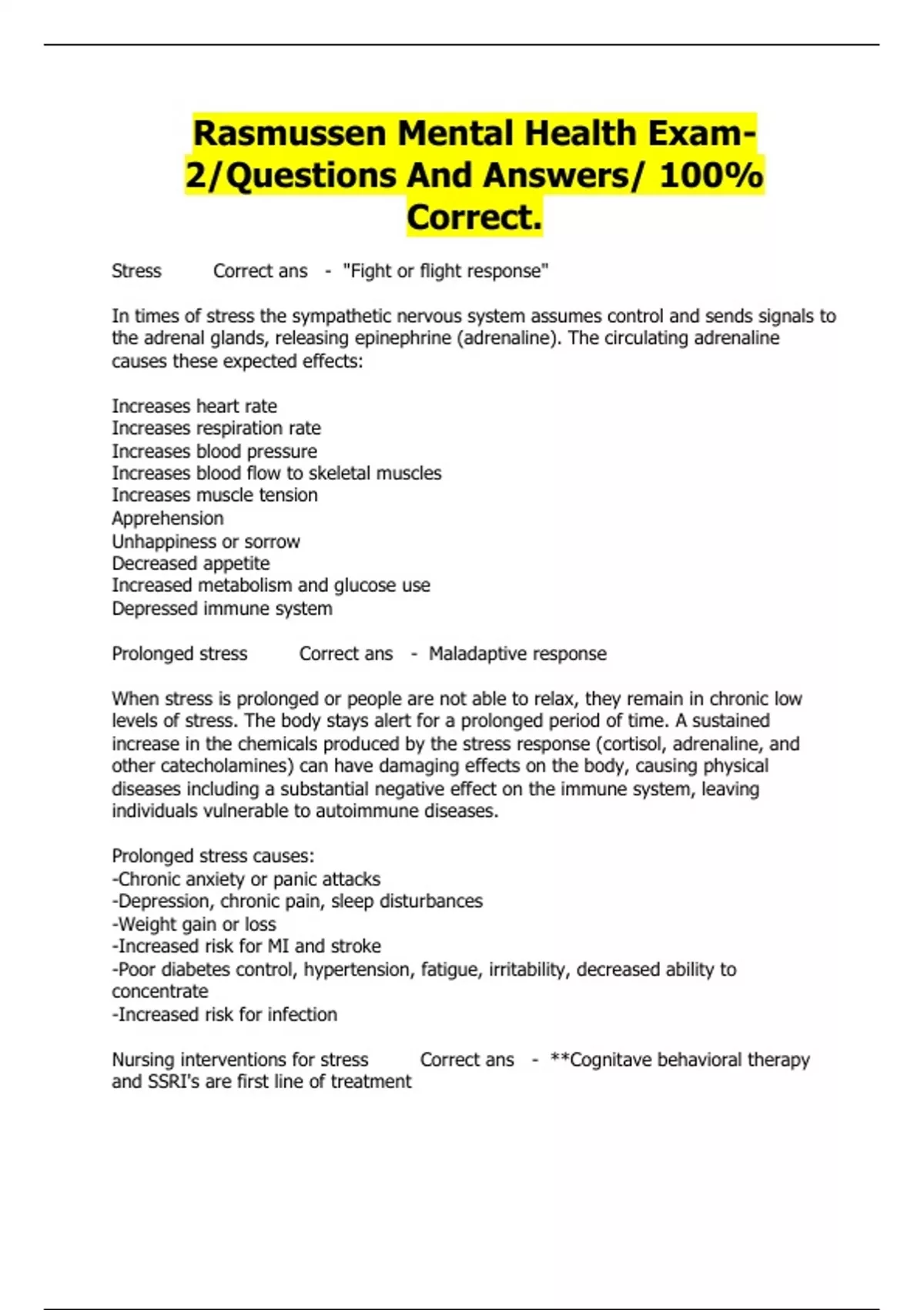 Rasmussen Mental Health Exam 2 – 100% Correct Questions and Answers ...