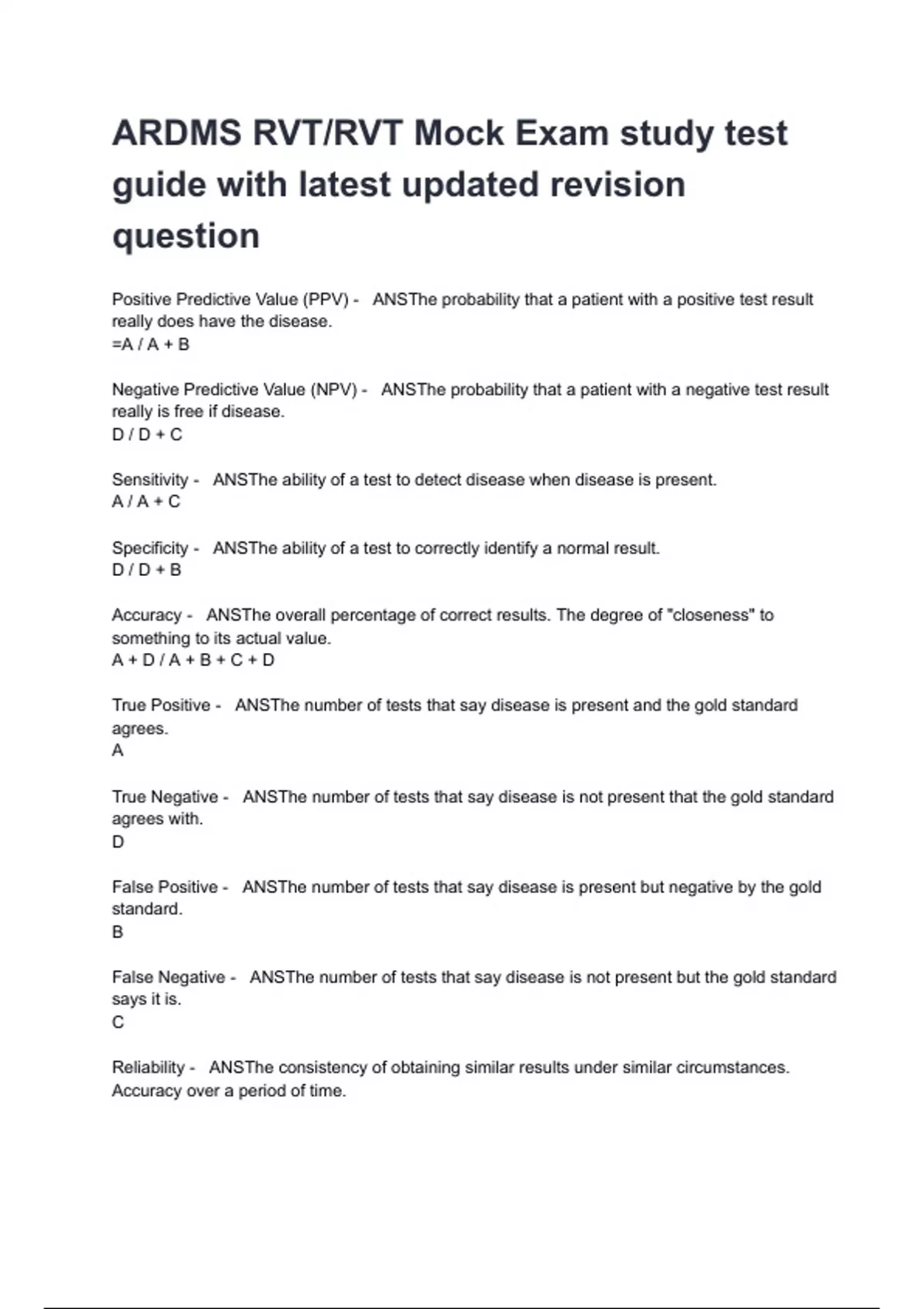ARDMS RVT/RVT Mock Exam study test guide with latest updated revision question - ARDMS RVT/RVT ...