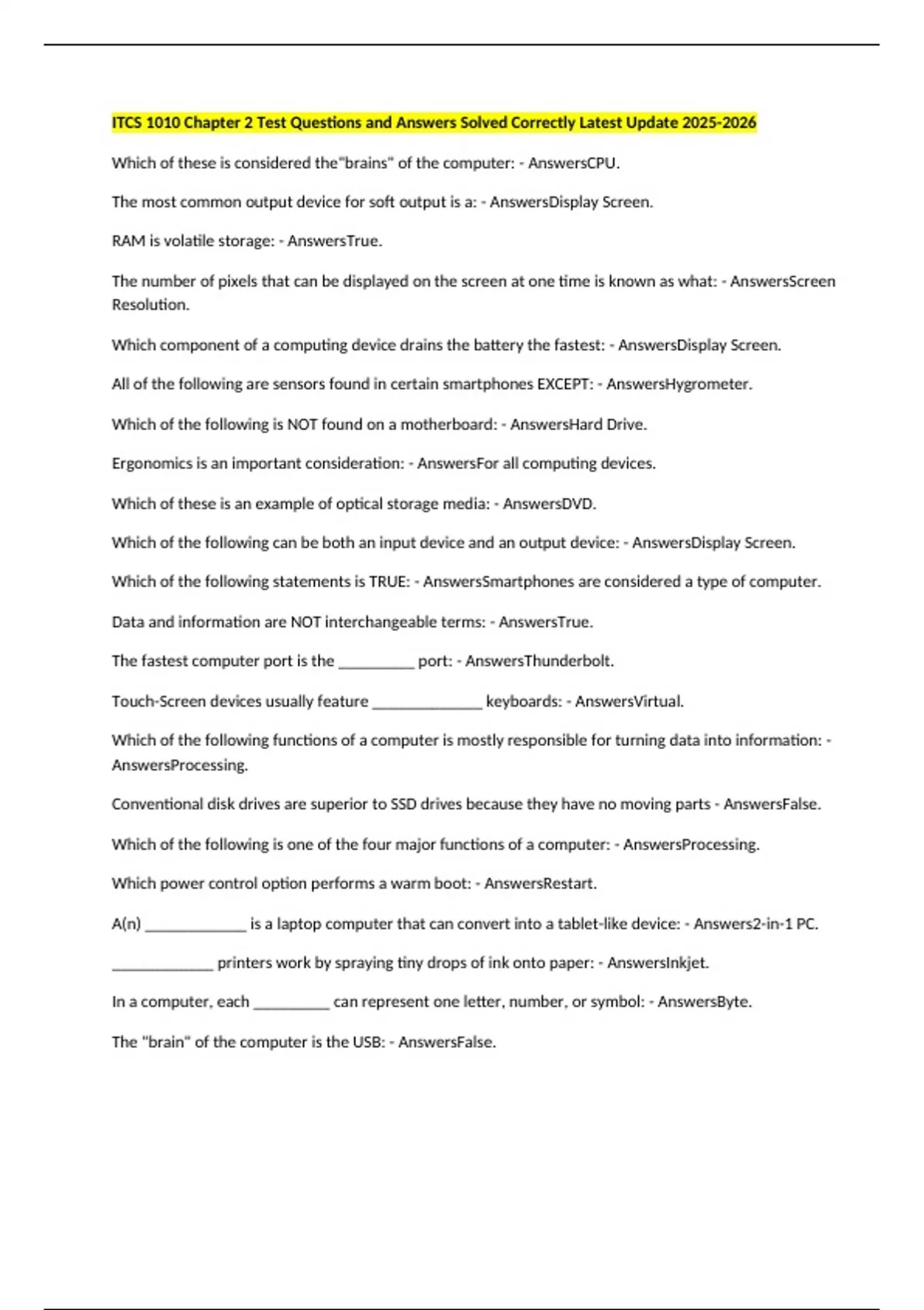 ITCS 1010 Chapter 2 Test Questions and Answers Solved Correctly Latest ...