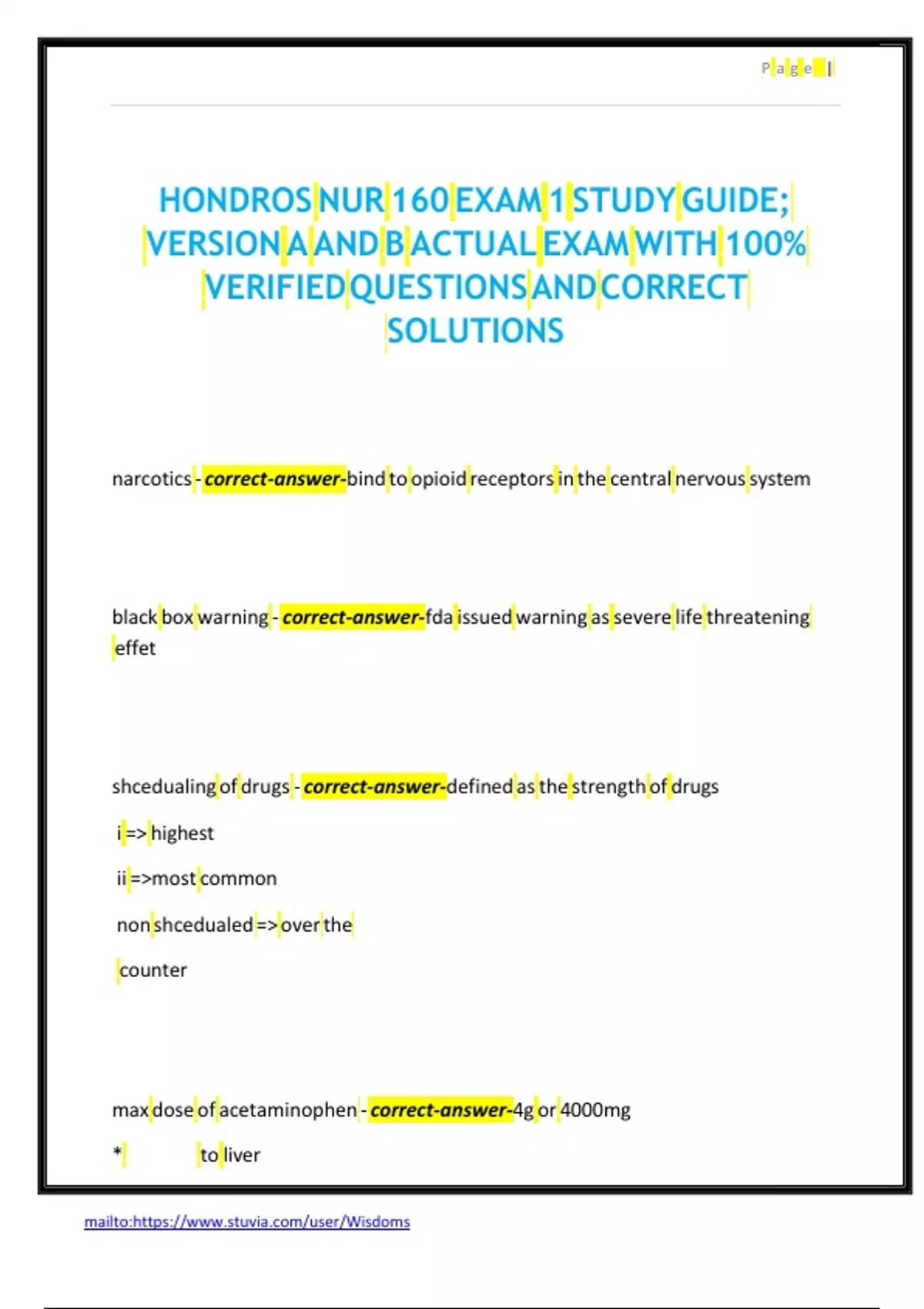 HONDROS NUR 160 EXAM 1 STUDY GUIDE; VERSION A AND B ACTUAL EXAM WITH ...