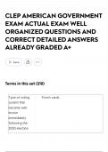 CLEP AMERICAN GOVERNMENT EXAM ACTUAL EXAM WELL ORGANIZED QUESTIONS AND CORRECT DETAILED ANSWERS ALREADY GRADED A&plus;