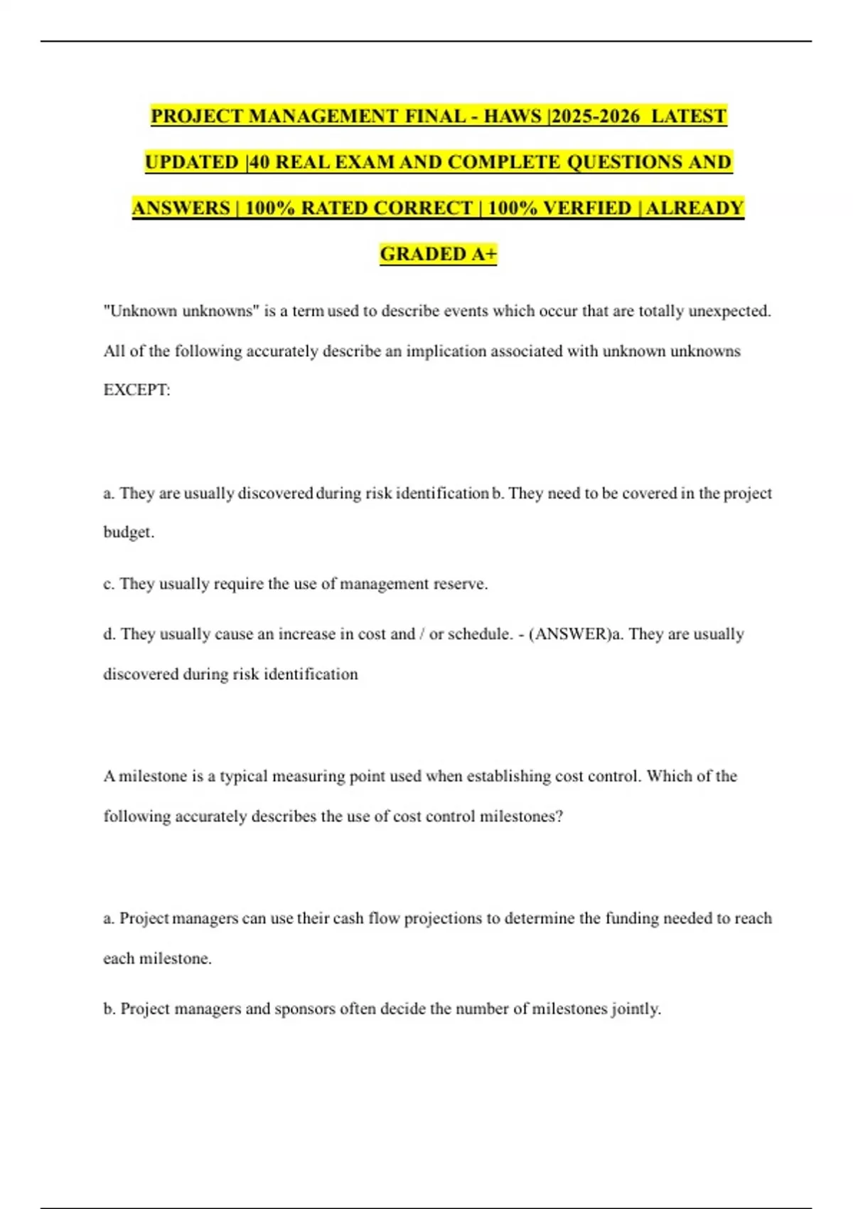 PROJECT MANAGEMENT FINAL - HAWS | LATEST UPDATED |40 REAL EXAM AND ...
