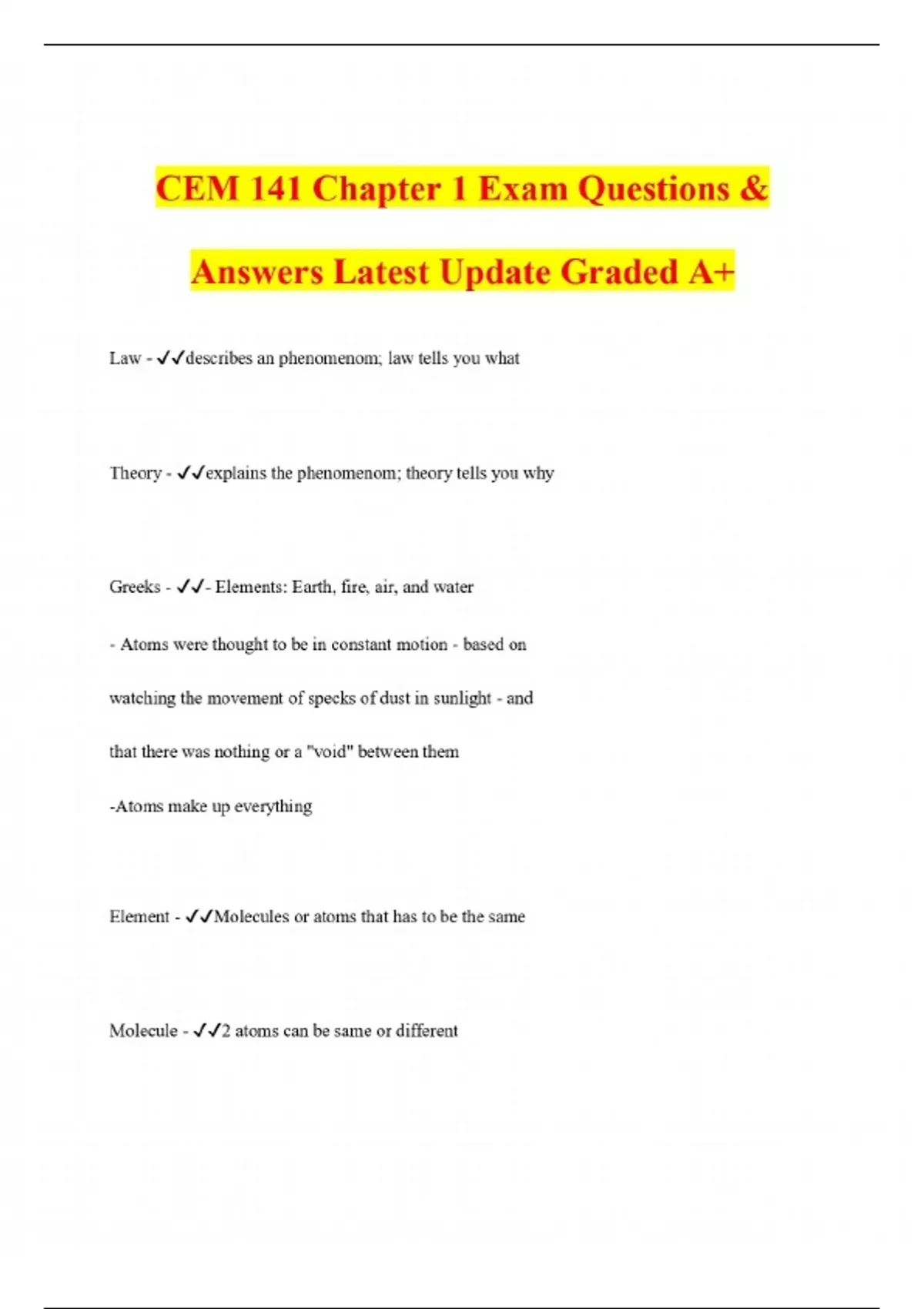 CEM 141 Chapter 1 Exam Questions & Answers Latest Update Graded A+ ...