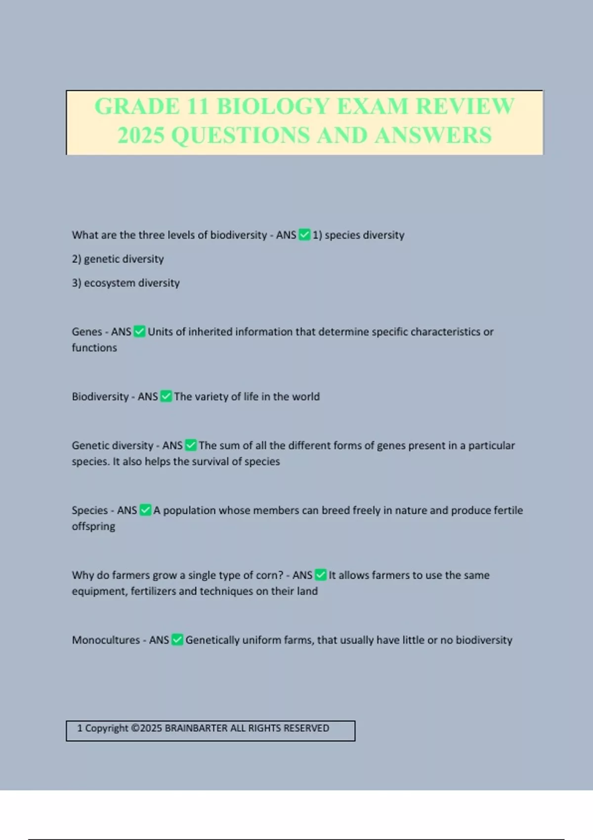 GRADE 11 BIOLOGY EXAM REVIEW 2025 QUESTIONS AND ANSWERS - BIOLOGY ...