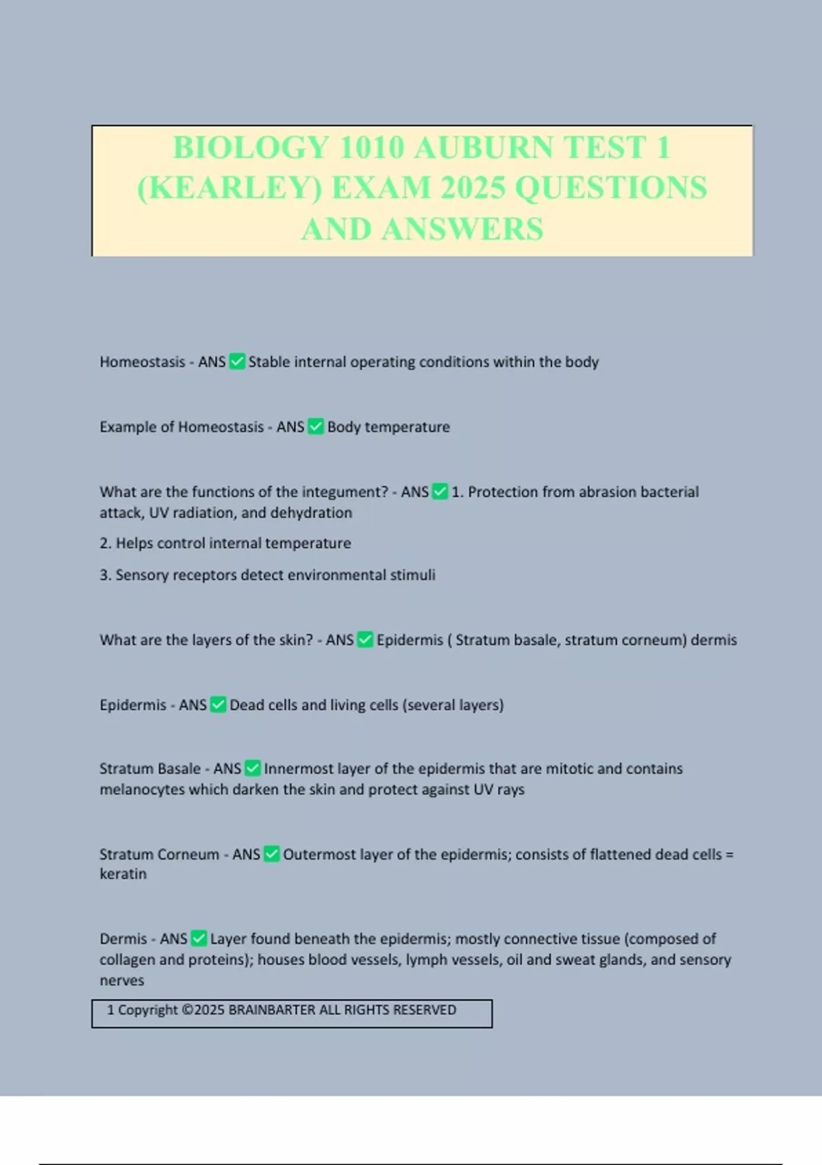 BIOLOGY 1010 AUBURN TEST 1 (KEARLEY) EXAM 2025 QUESTIONS AND ANSWERS ...