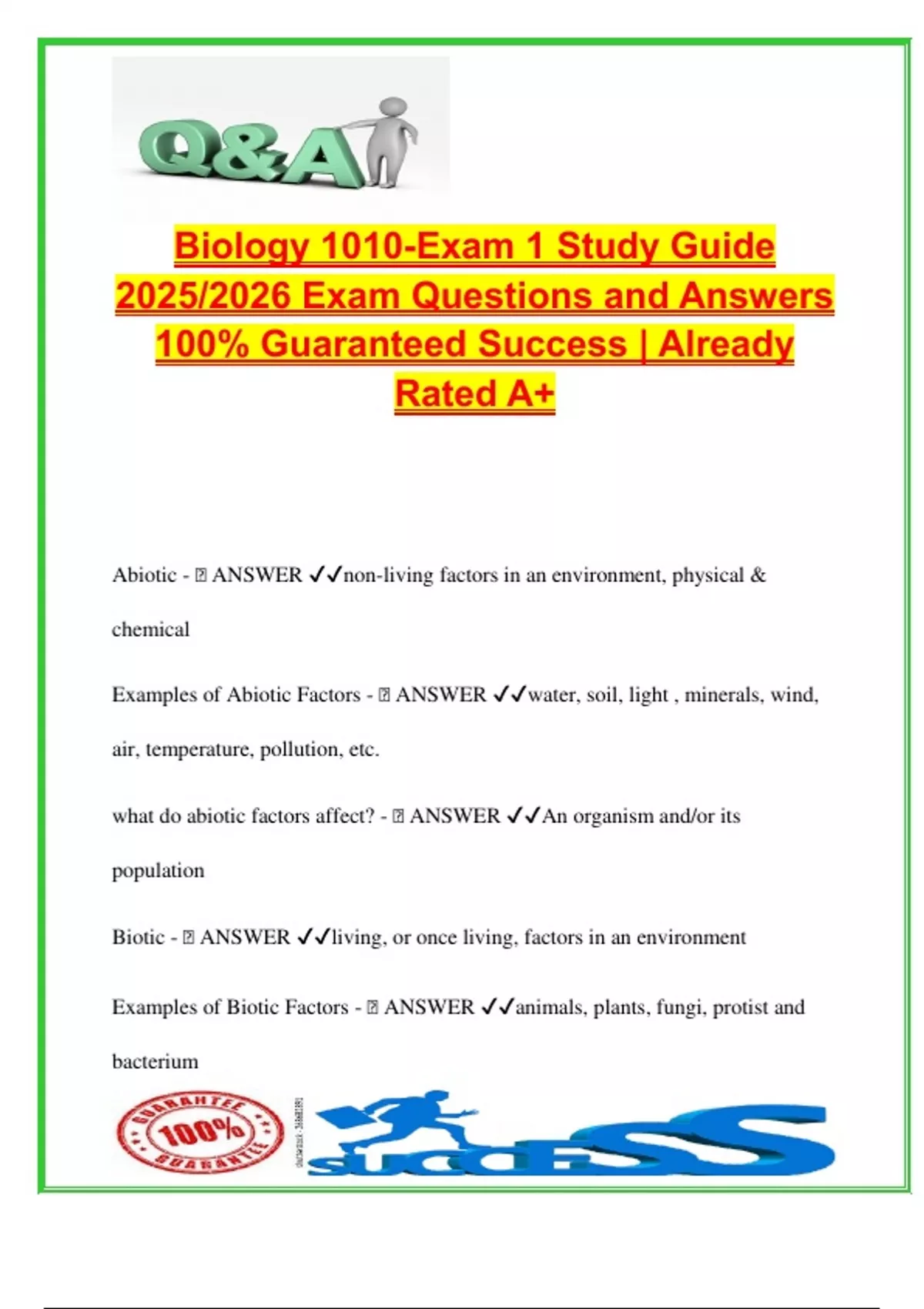 Biology 1010 – Exam 1 Study Guide 2025/2026 | 100+ Verified Q&A ...