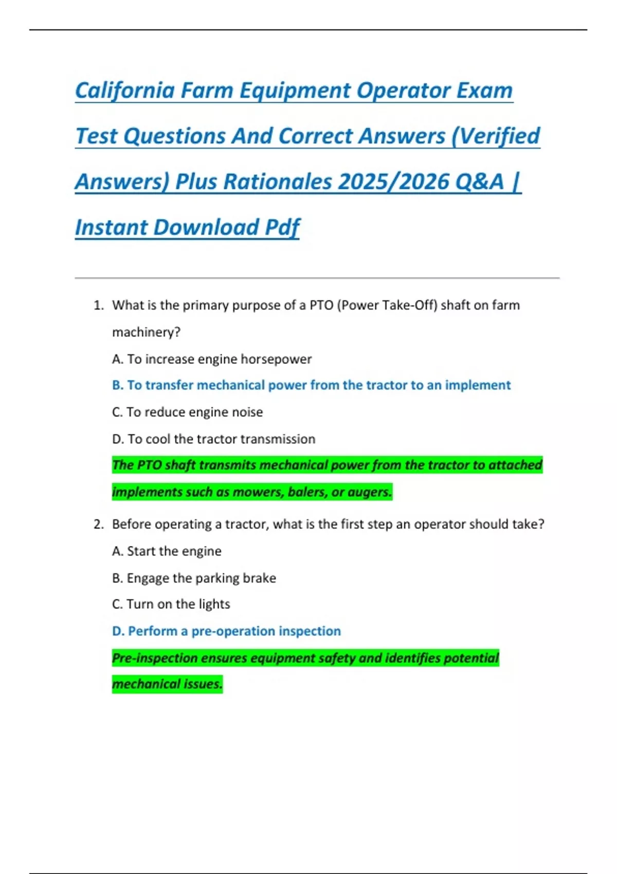 California Farm Equipment Operator Exam Test Questions And Correct ...