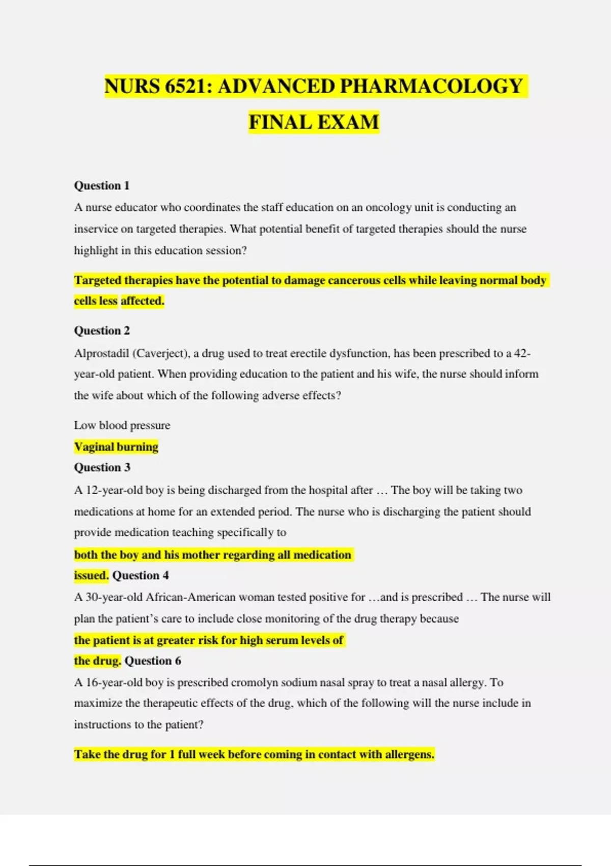 NURS 6521 Advanced Pharmacology Final Exam 2025/2026 - NURS6521 - Stuvia US