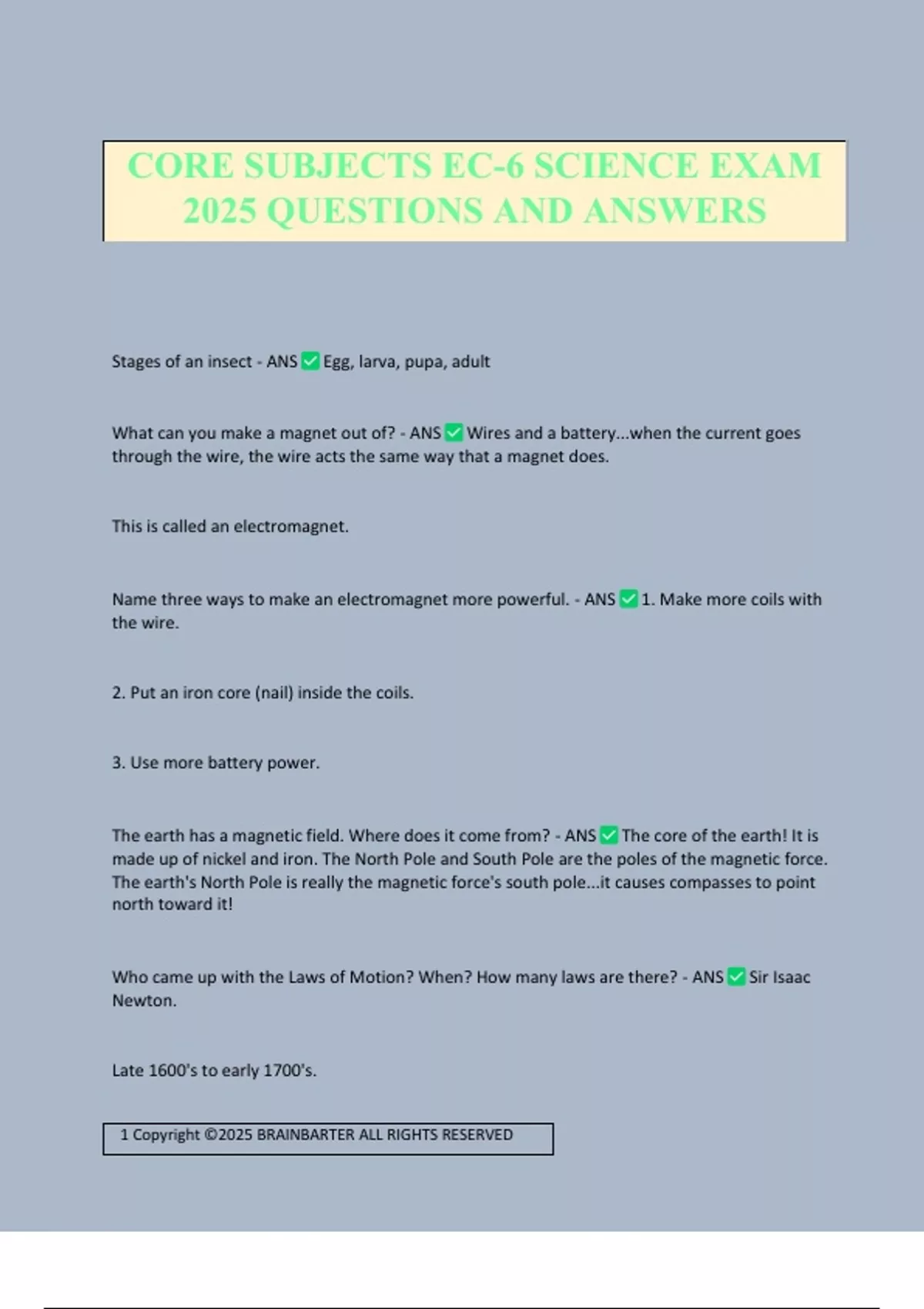 CORE SUBJECTS EC-6 SCIENCE EXAM 2025 QUESTIONS AND ANSWERS - EC 6 ...