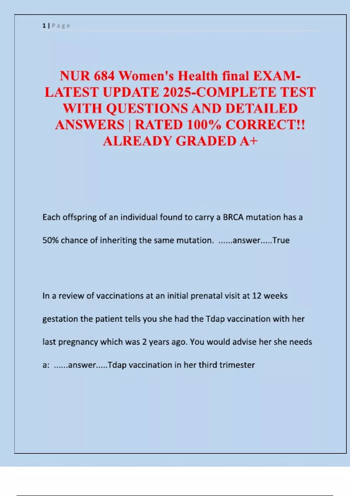 NUR 684 Women's Health final EXAMLATEST UPDATE 2025-COMPLETE TEST - NUR ...