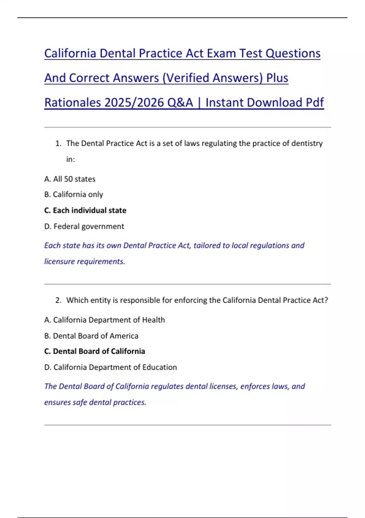 California Dental Practice Act Exam Test Questions And Correct Answers ...