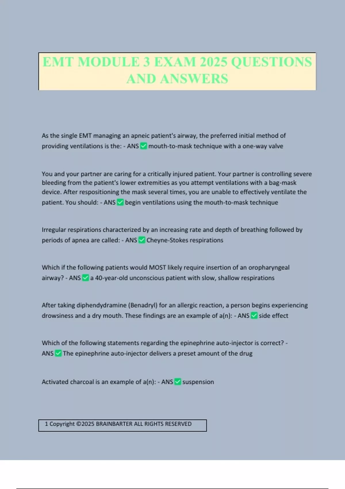EMT MODULE 3 EXAM 2025 QUESTIONS AND ANSWERS - EMT - Stuvia US