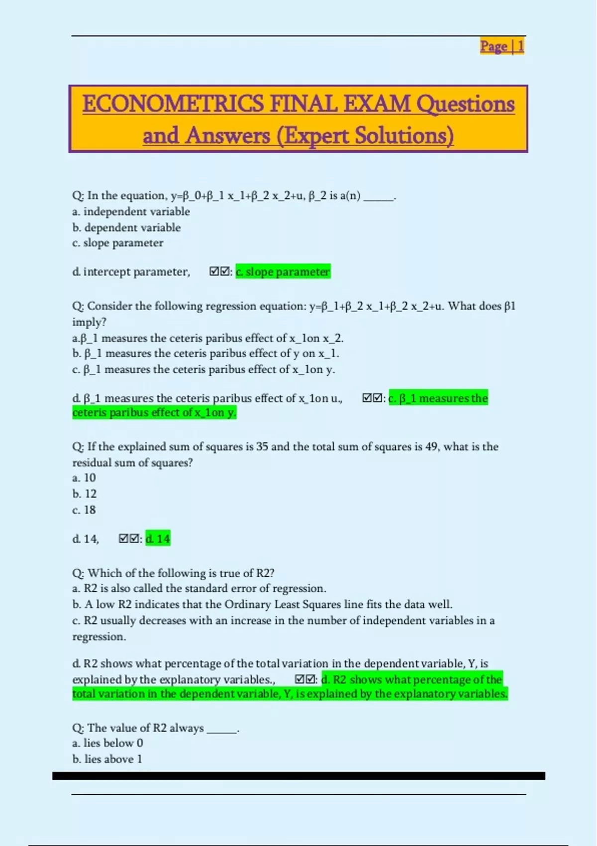 ECONOMETRICS FINAL EXAM Questions and Answers (Expert Solutions) - ECON ...